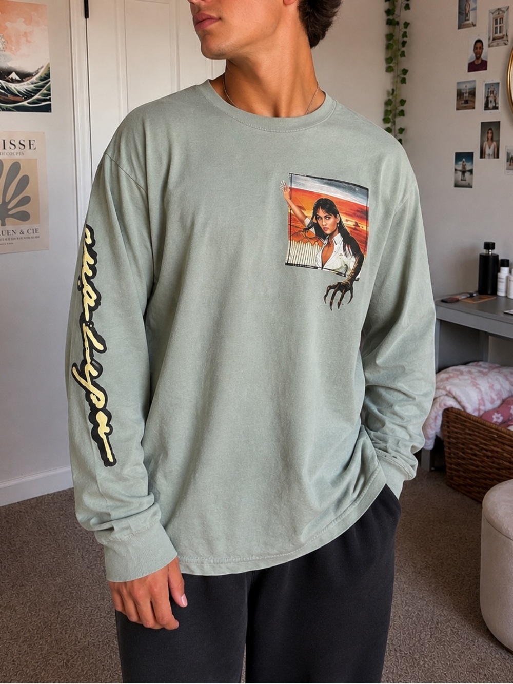 Urban Outfitters Men's Sage Graphic Long Sleeve Shirt - Casual Crewneck